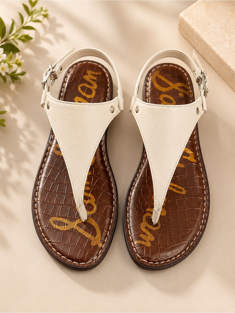 Sam Edelman Cream Leather T-Strap Thong Sandals